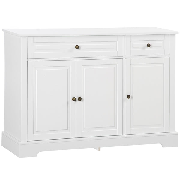 Buffet moderne avec 2 tiroirs et étagères réglables, idéal pour la salle à manger, blanc.