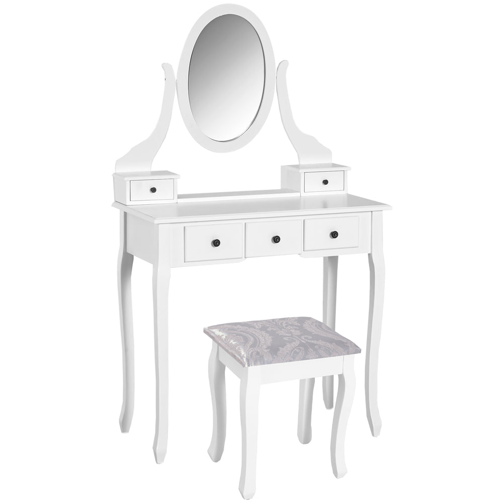 Coiffeuse en bois avec miroir rotatif à 360°, 5 tiroirs et tabouret rembourré, blanc