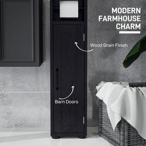 Meuble de salle de bain étroit avec portes de grange, tiroir et étagères réglables, aspect bois noir