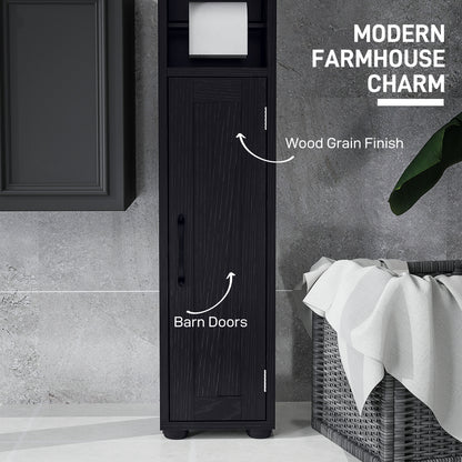 Narrow bathroom vanity with barn doors, drawer and adjustable shelves, black wood look