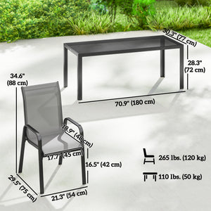 Ensemble de patio 9 pièces avec chaises empilables avec plateau en verre, gris clair