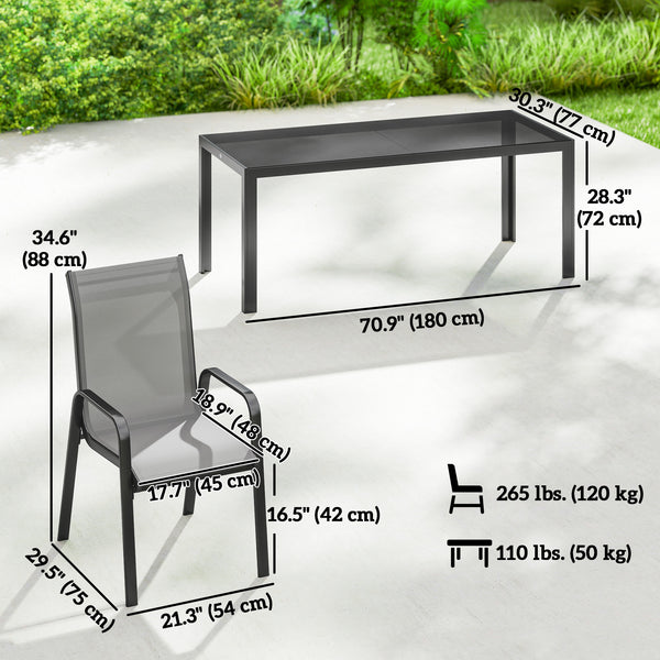 Ensemble de patio 9 pièces avec chaises empilables avec plateau en verre, gris clair