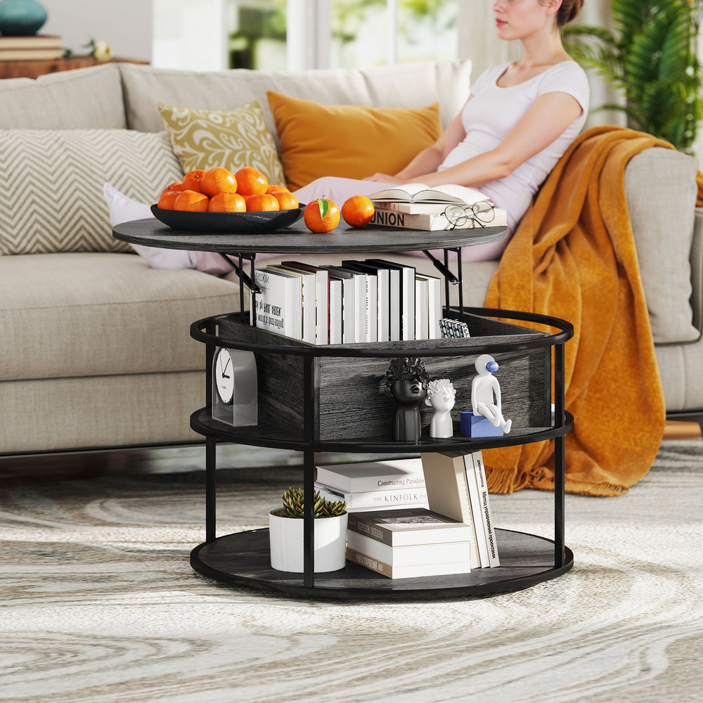 Table basse ronde avec étagère de rangement, compartiment caché et structure en acier, gris foncé vieilli