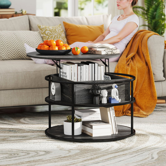 Table basse ronde avec étagère de rangement, compartiment caché et structure en acier, gris foncé vieilli