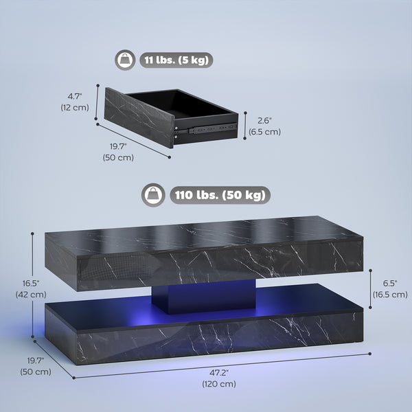 Coffee table with adjustable LED lighting, 2 drawers, open shelf, remote control, glossy black marble effect finish.