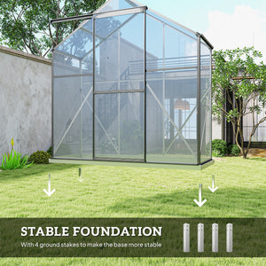 Polycarbonate greenhouse with sliding door, 5-level roof ventilation and gutter