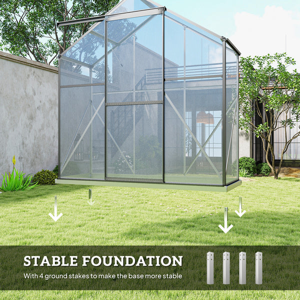 Polycarbonate greenhouse with sliding door, 5-level roof ventilation and gutter