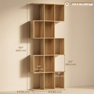 5-Tier S-Shaped Geometric Bookshelf with 15 Compartments, Oak Colour