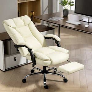 Ergonomic leather office chair with footrest, swivel and tilt, beige