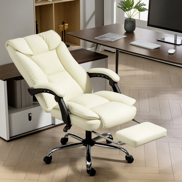 Ergonomic leather office chair with footrest, swivel and tilt, beige