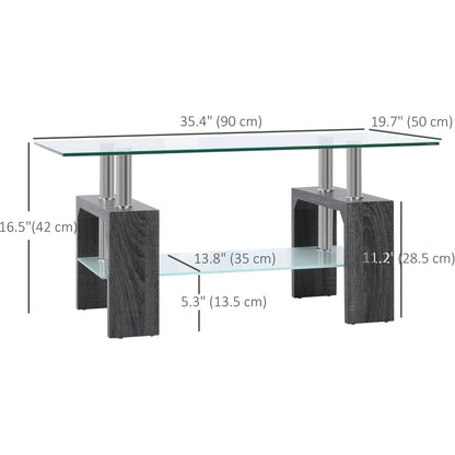 Table basse rectangulaire en verre avec plateau en verre trempé et étagère de rangement pour salon, gris