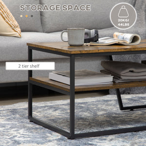 Table basse industrielle à deux niveaux avec étagère de rangement, brun rustique