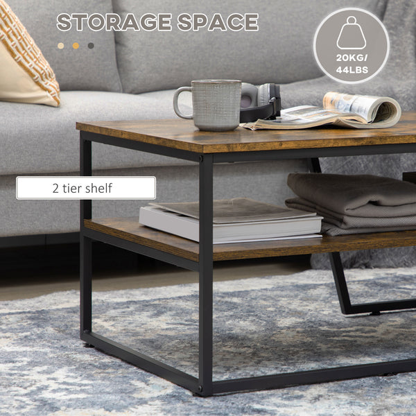 Table basse industrielle à deux niveaux avec étagère de rangement, brun rustique