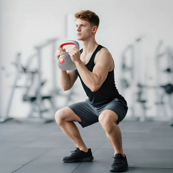 Kettlebell de 31 lb avec poignée large et base stable – Rouge et gris