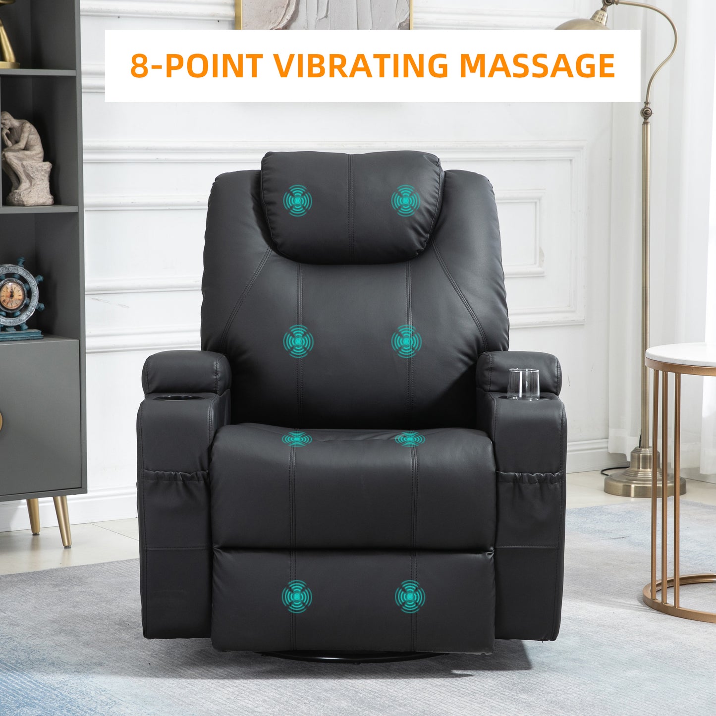 Fauteuil massant inclinable à bascule pivotant avec 8 points de vibration, cuir synthétique, porte-gobelets, poches latérales, noir