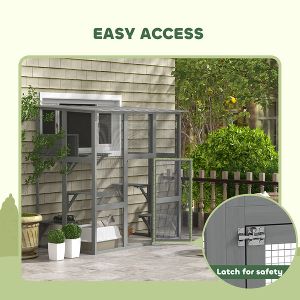 Enclos pour chats avec fenêtre, toit étanche, pont, niche de repos et plateformes, gris