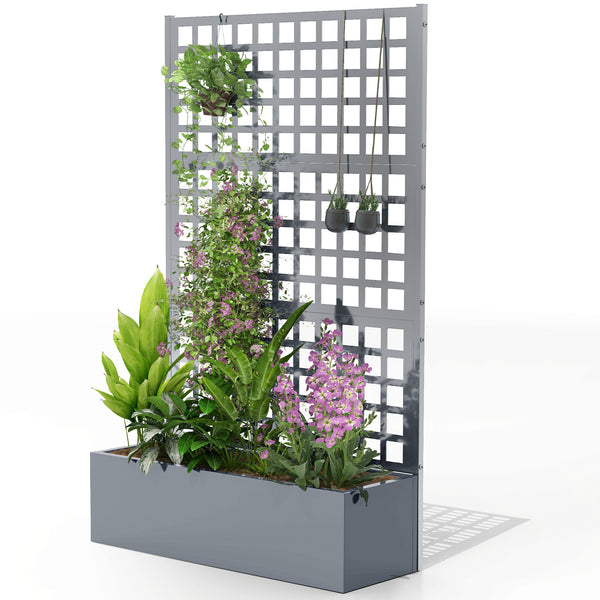 Galvanized raised planter with trellis for climbing plants and vegetables, grey wood look