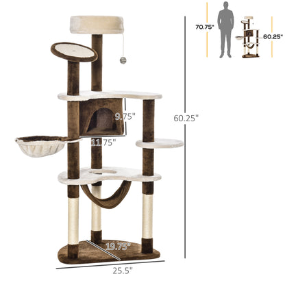 60-inch Cat Tree, Cat Bed, House &amp; Toys - Brown &amp; Beige