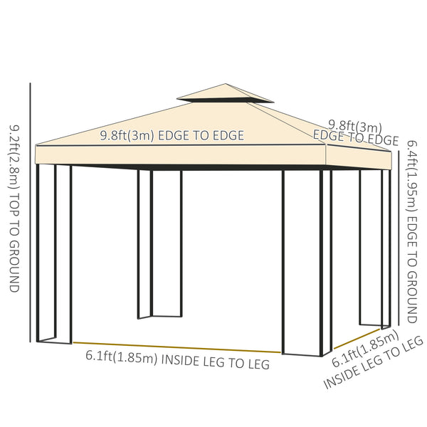 Gazebo 10'x10' en acier souple avec toit en polyester à deux niveaux et parois latérales à rideaux, beige
