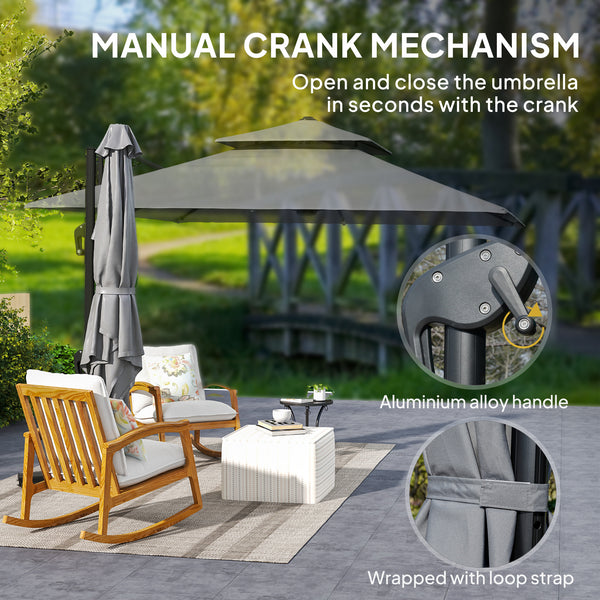 Parasol déporté carrée de 9,8 pieds, rotation à 360°, gris clair
