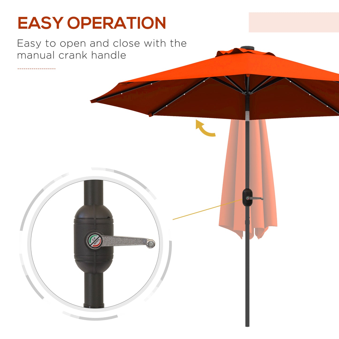 Parasol solaire d'extérieur de 2,7 m avec 24 LED et auvent inclinable, orange