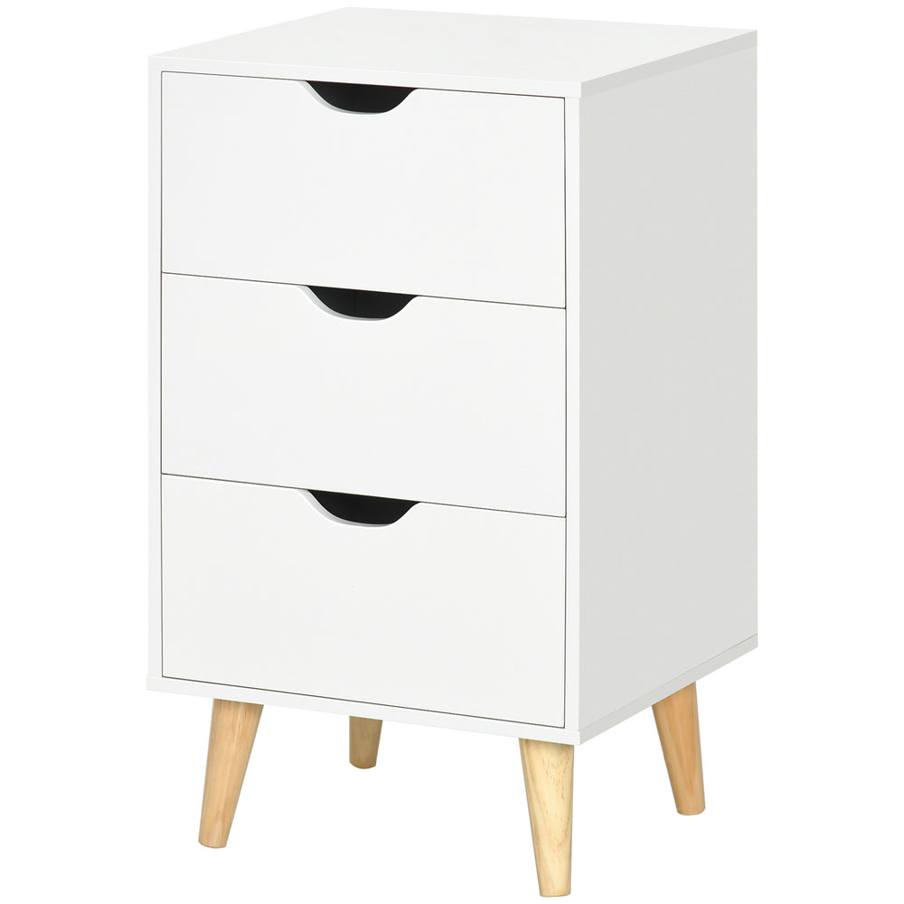Table de chevet moderne à 3 tiroirs avec pieds en bois, blanc