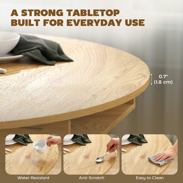 Extendable Dining Table, Round to Oval Convertible Kitchen Table with Storage Shelf for Dining Room, Natural