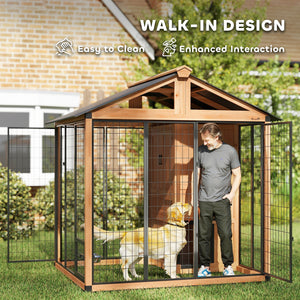 86" L Outdoor Dog House, Wooden Dog Kennel with Storage Cabinet, Stainless Steel Bowls for Large Breeds, Yellow