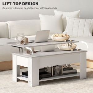 Table basse relevable avec compartiment de rangement dissimulé et étagère ouverte, blanche