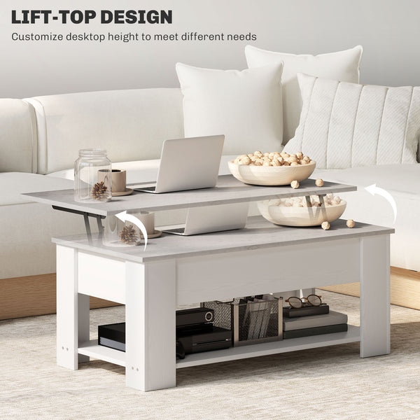 Table basse relevable avec compartiment de rangement dissimulé et étagère ouverte, blanche