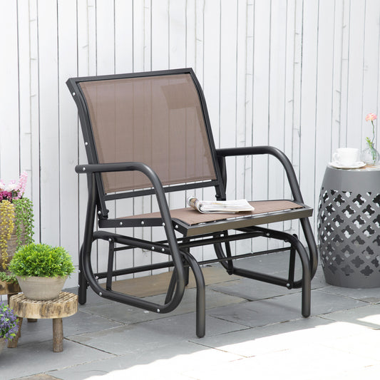 Fauteuil de jardin avec assise et dossier en tissu maillé respirant, cadre en métal et accoudoirs, marron