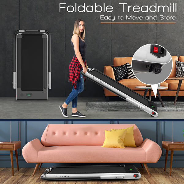 2-in-1 Folding Treadmill with Remote Control and LED Display - Silver