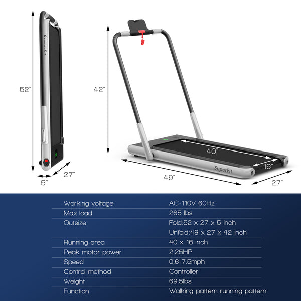 2-in-1 Folding Treadmill with Remote Control and LED Display - Silver