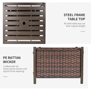 Table basse de patio d'extérieur en rotin tressé avec trou pour parasol, marron