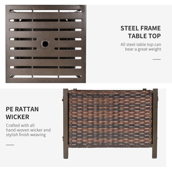 Table basse de patio d'extérieur en rotin tressé avec trou pour parasol, marron