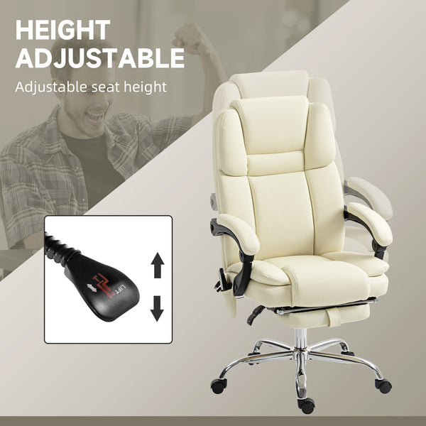 Fauteuil de bureau massant inclinable avec vibration à 6 points, repose-pieds et dossier haut, blanc