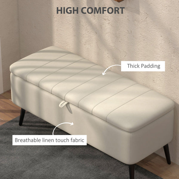 Pouf avec rangement rembourré en lin avec pieds en acier, blanc crème