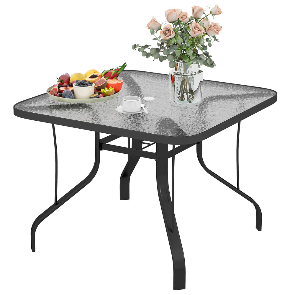 Tempered Glass Square Patio Dining Table w/ 2.1" Umbrella Hole for Garden, Balcony, Backyard, 38" x 38" x 28"