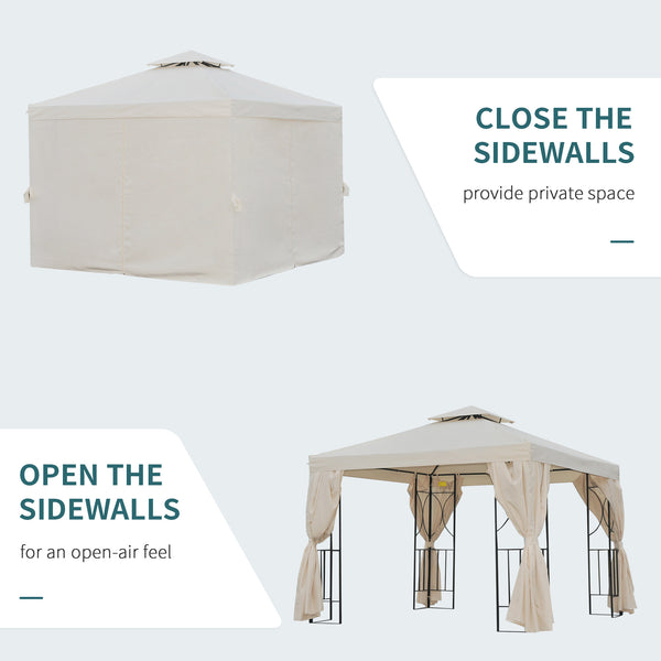 Gazebo 10 x 10 avec toit à double pente et parois latérales, blanc crème