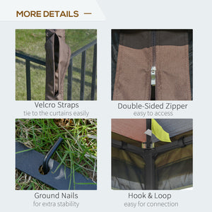 Gazebo 10 x 10 avec toit souple à double pente, rideaux en maille, couleur café