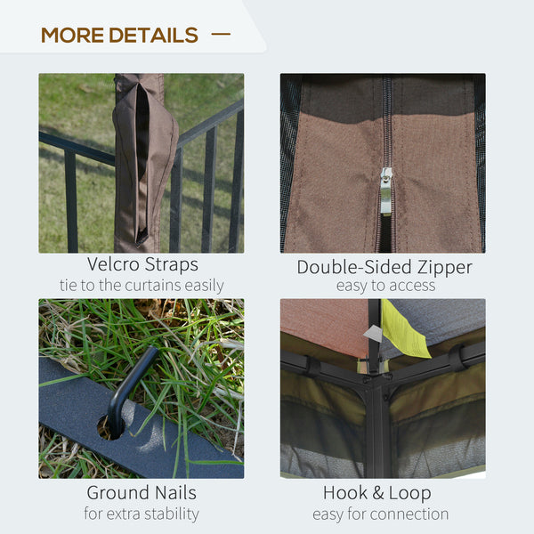 Gazebo 10 x 10 avec toit souple à double pente, rideaux en maille, couleur café