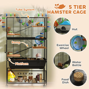 Cage à roulettes à 5 niveaux avec plateau pour rongeurs syriens, gerbilles et rats.