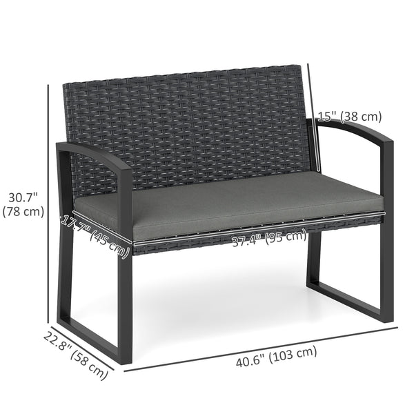 Two-seater outdoor rattan bench with cushion, grey
