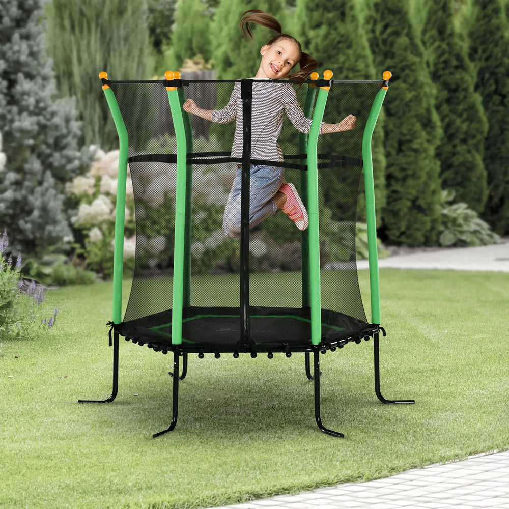 Trampoline 64" pour enfants, intérieur/extérieur, avec filet de protection, poteau élastique épais et rembourré, pour les 3 à 10 ans, vert