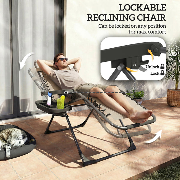 Set of 2 Folding and Reclining Outdoor Lounge Chairs, with Cup Holder and Headrest, Light Brown