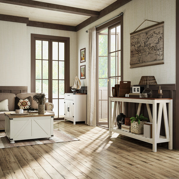 Table basse de style farmhouse avec couvercles rabattables, blanc antique