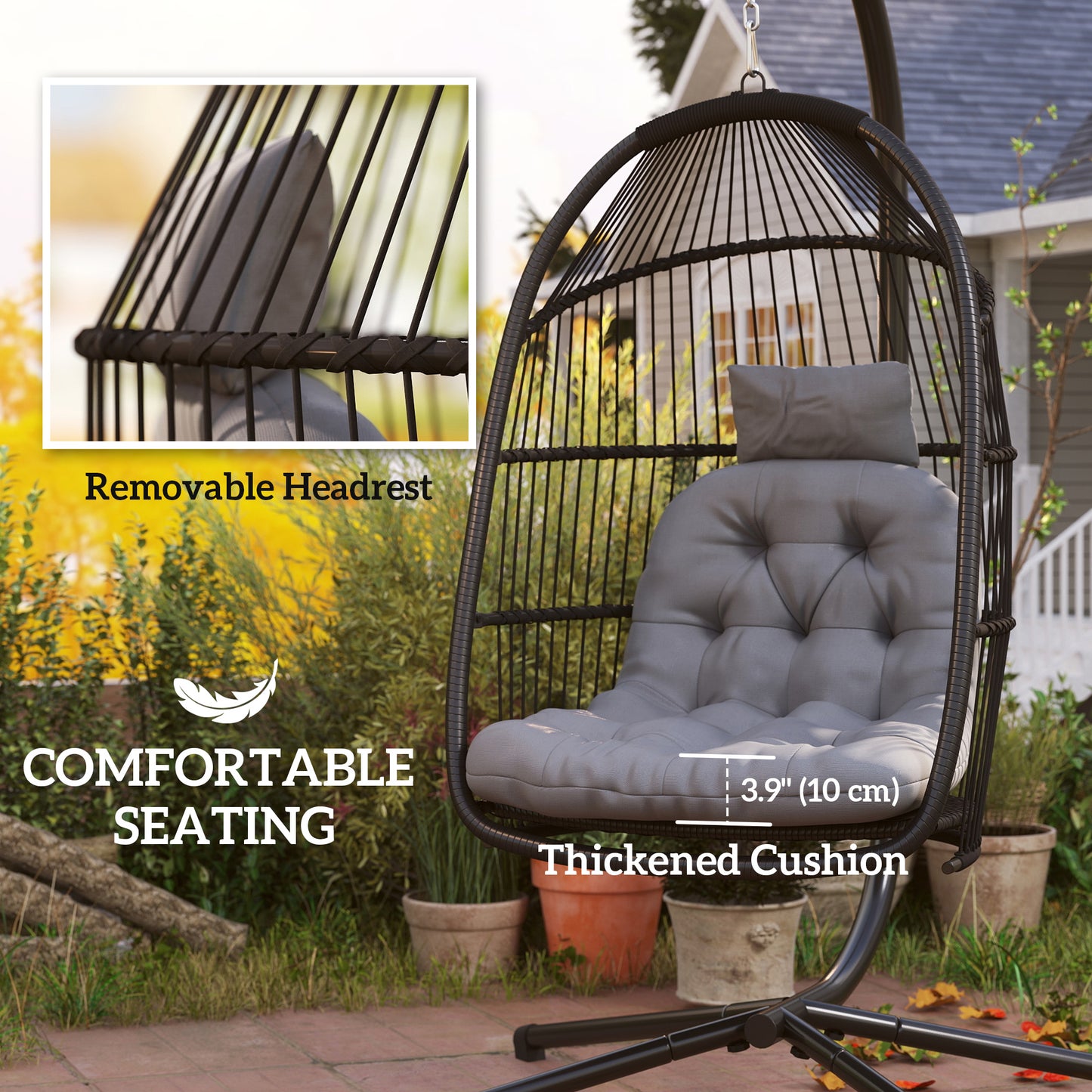 Outsunny Wicker Swing with Stand, Foldable and Hanging, UV Resistant Cushion and Headrest, Dark Grey