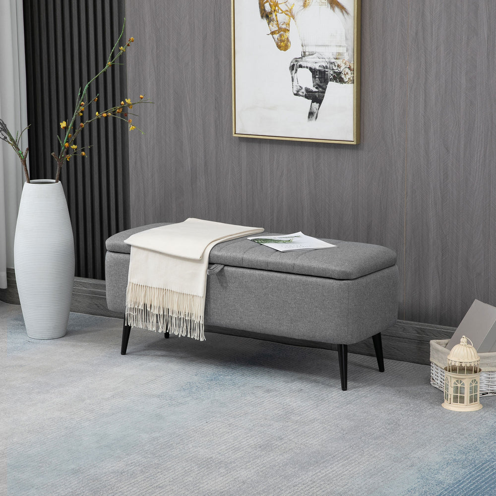 Pouf avec rangement rembourré en lin avec pieds en acier, gris