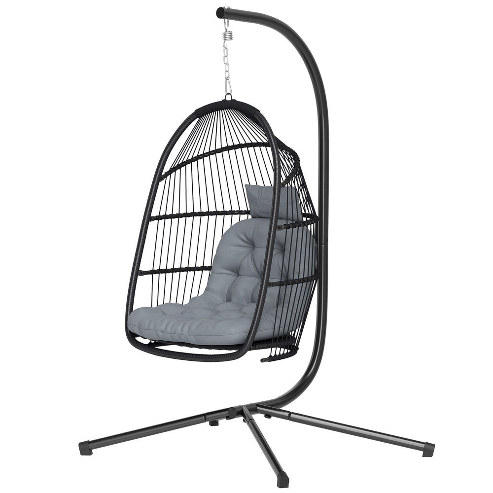 Balancelle en osier avec support, pliable et suspendue, coussin résistant aux UV et appui-tête, gris foncé