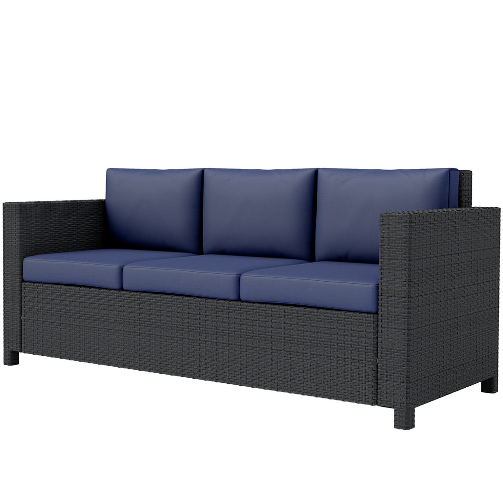 Canapé 3 places en rotin et osier pour jardin extérieur avec coussins bleu marine – mobilier de terrasse élégant et confortable
